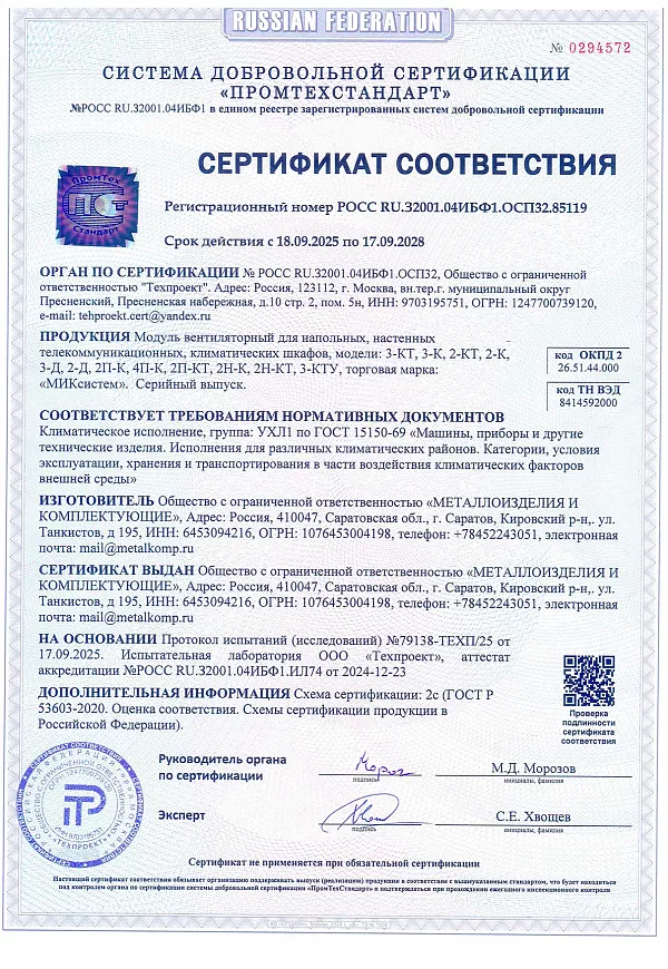 Сертификат на модули вентиляторные